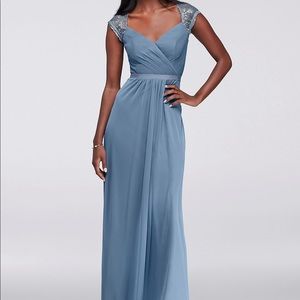 DAVID’S BRIDAL Long Mesh Dress with Lace Cap Sleeves in Steel Blue Size 14